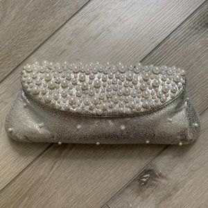 Inge Christopher Silver Pearl Beaded Clutch Purse